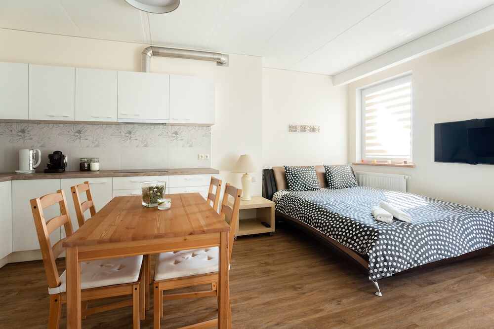 The interior of a modern, studio apartment in Kansas City
