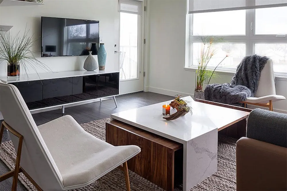 Beautiful, minimalist styled living room at Woodside Village, luxury apartments in Westwood