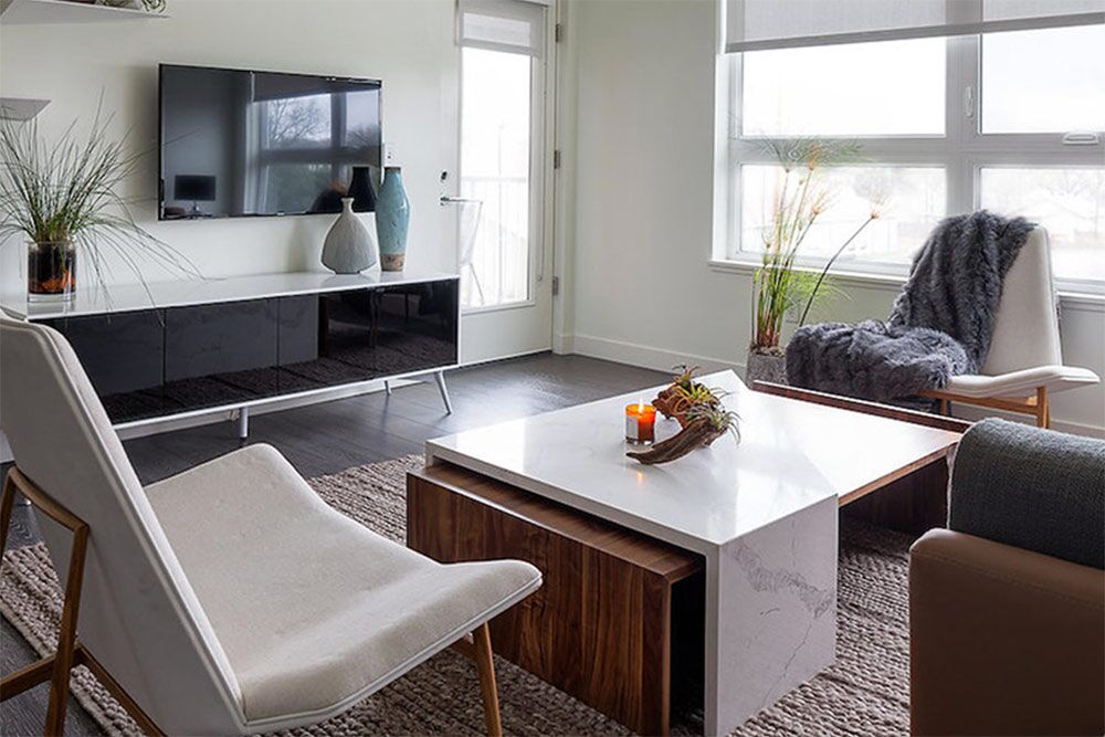 Beautiful, minimalist styled living room at Woodside Village, luxury apartments in Westwood