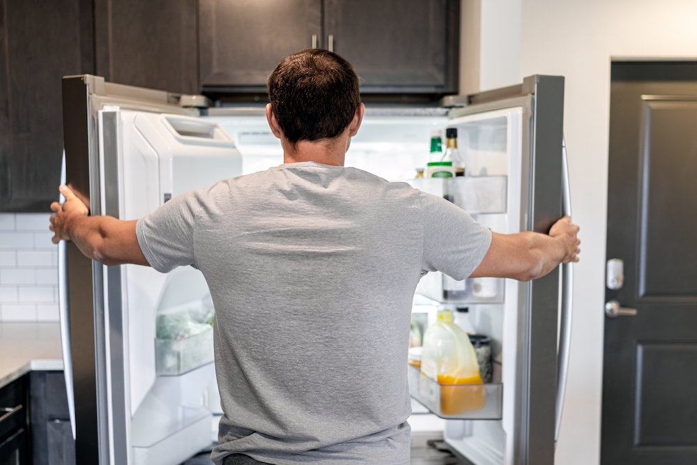 A man looking into his fridge after returning from vacation