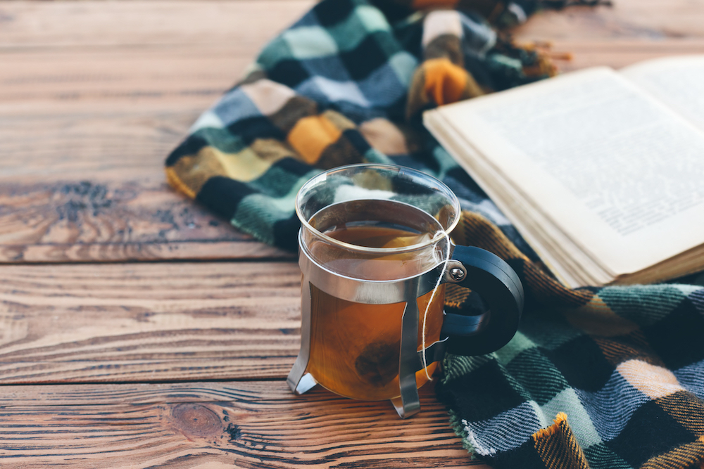 Apple cider in a mug with a blanket and a book